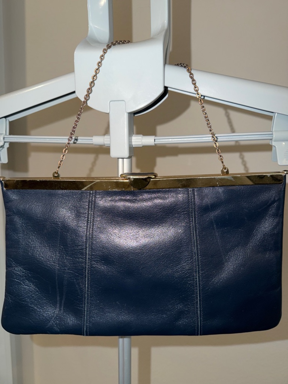 Etra Vintage Classic Navy Leather Frame Clutch with Gold Chain Strap